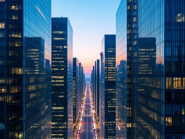 日本のビジネス街の夜景。成功と堅実な成長を象徴する光を放つ近代的な高層ビル群。