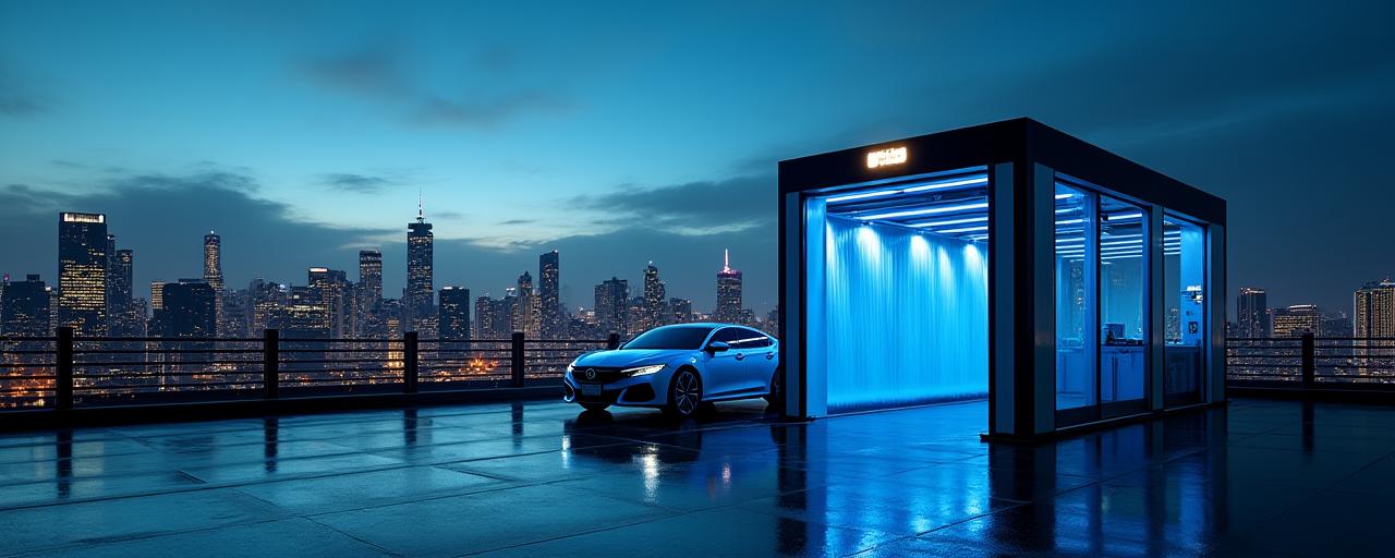 東京のモダンな夜景を背景に、洗車機と法律専門書